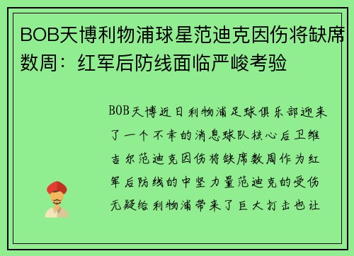 BOB天博利物浦球星范迪克因伤将缺席数周：红军后防线面临严峻考验