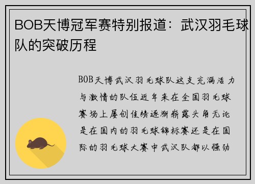 BOB天博冠军赛特别报道：武汉羽毛球队的突破历程